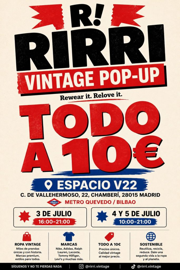 Cartel de RIRRI Vintage Pop-Up en Madrid con ropa vintage seleccionada a 10 € en Espacio V22.